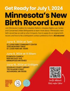 a yellow and red flyer with information about info sessions on the new law. 